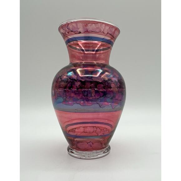 Watercolor Art Glass Vase 5” Colorful Hand Painted Artist Signed - Picture 1 of 9